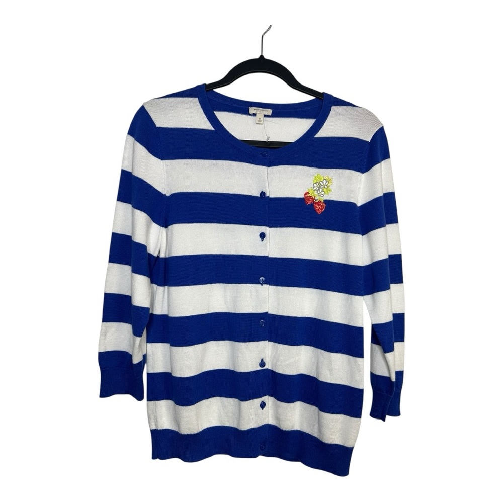 Talbots Blue White Striped Strawberry Embroidery Cardigan Sweater‎ Medium NWOT